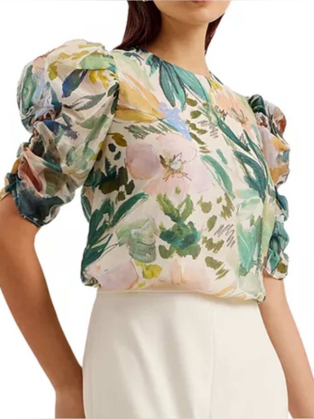 Ted Baker London ‘Oasia’’ Floral Puff-Sleeve Blouse in Watercolor Pastels